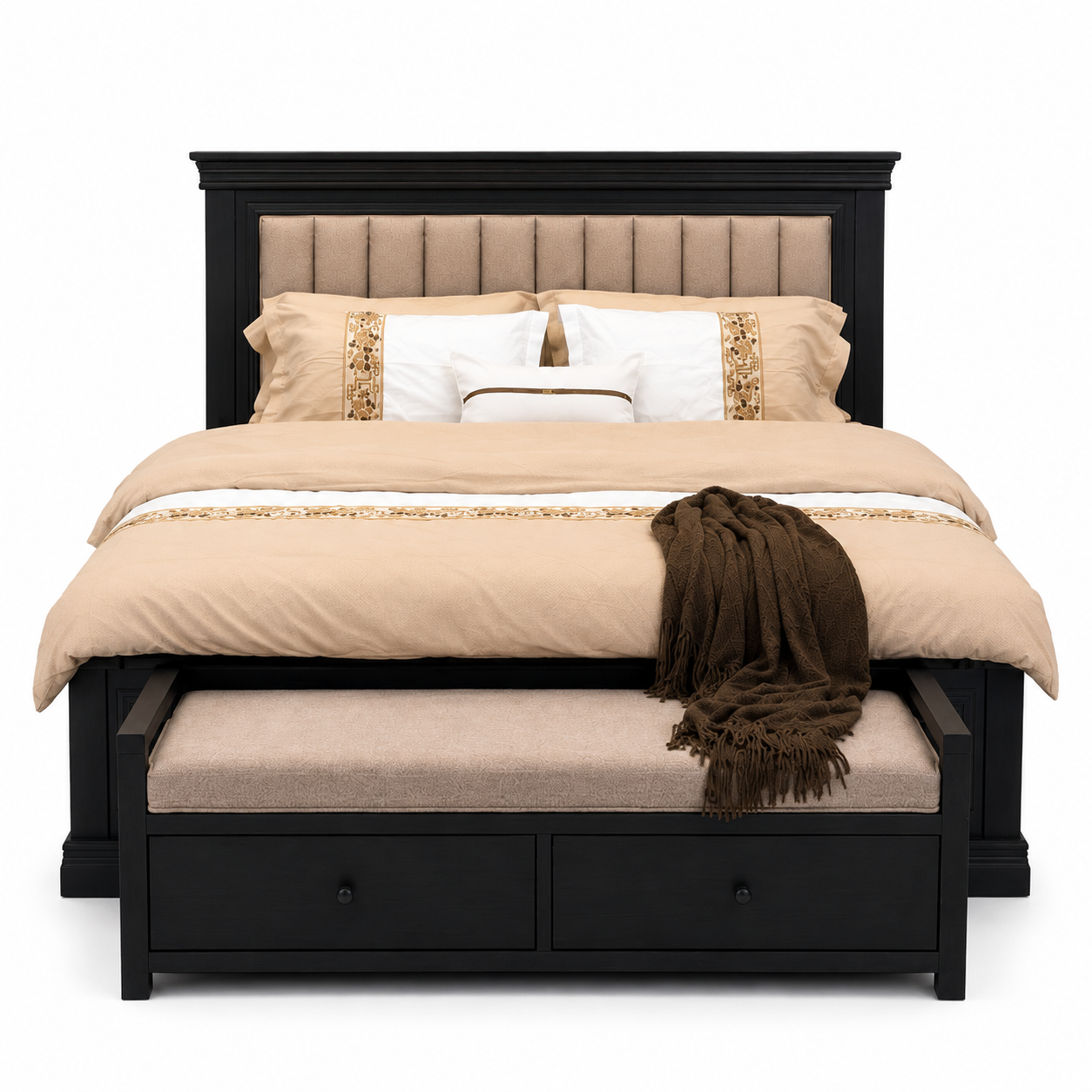 Regal Black Wood Bed with Upholstered Panel Headboard