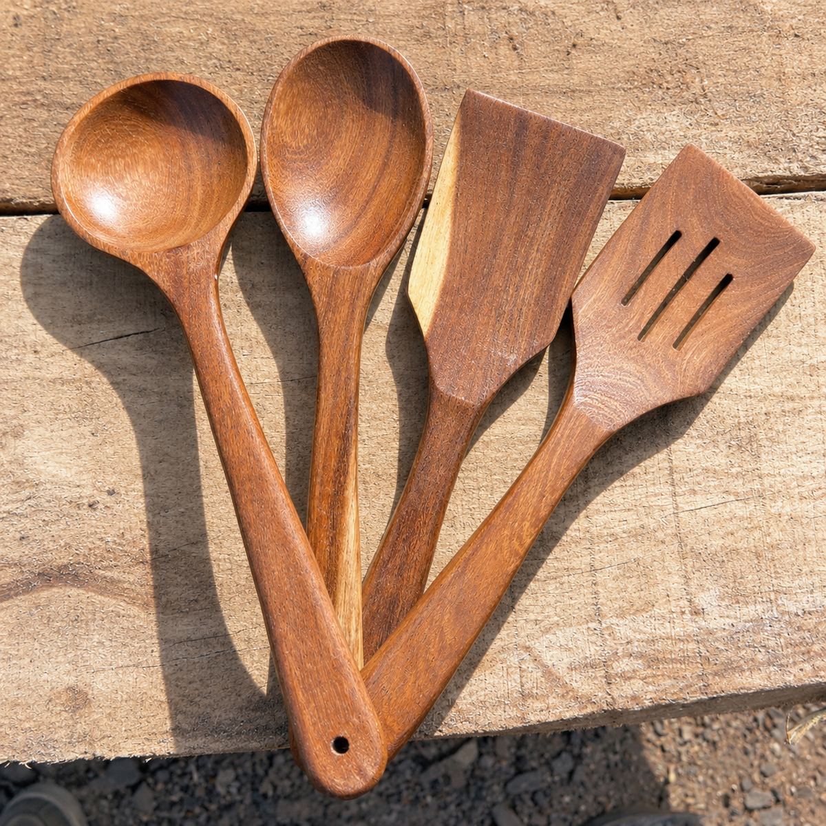 4Pcs Handmade Wooden Kitchen Utensil Set – Acacia Wood Spoons & Spatulas for Non-Stick Cookware