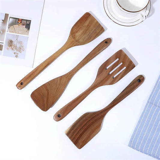 Wooden Utensil Set For Kitchen - Acacia Wood Spatulas, Spoon And Tongs For Non-Stick Pans