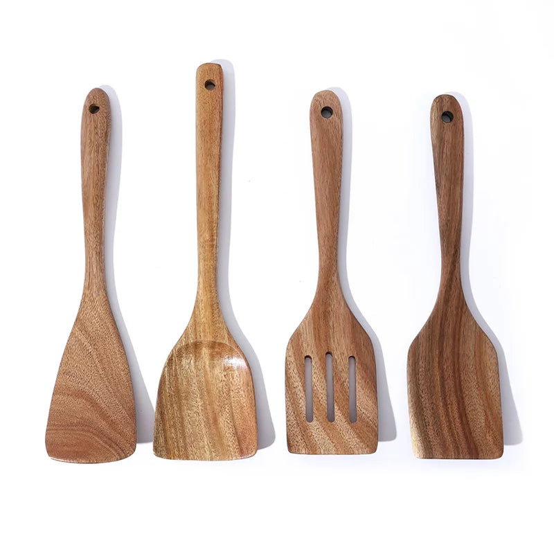 Wooden Utensil Set For Kitchen - Acacia Wood Spatulas, Spoon And Tongs For Non-Stick Pans