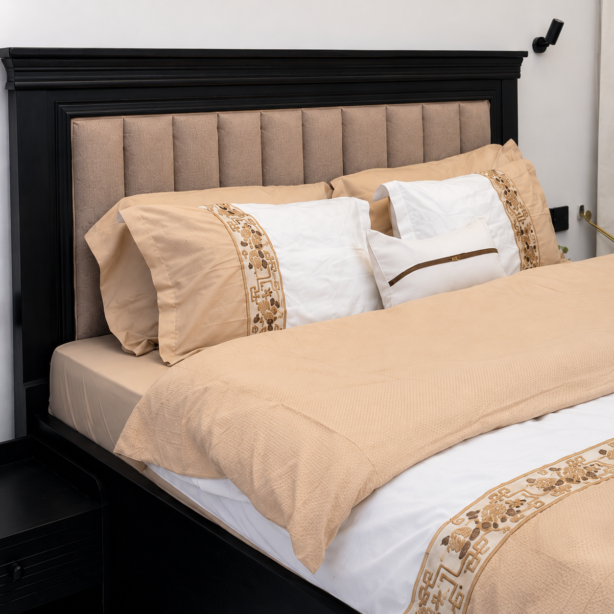 Regal Black Wood Bed with Upholstered Panel Headboard