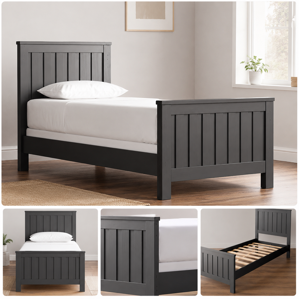 Charcoal Wood Slatted Bed Frame