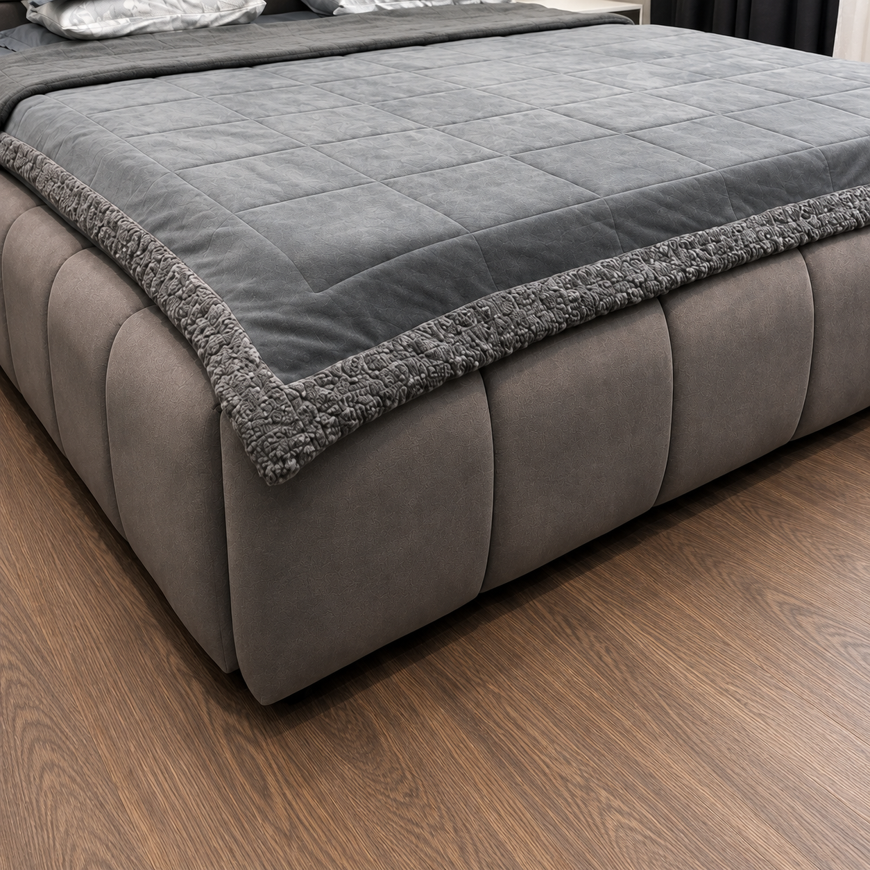 Grey Upholstered Bed with Storage Drawer