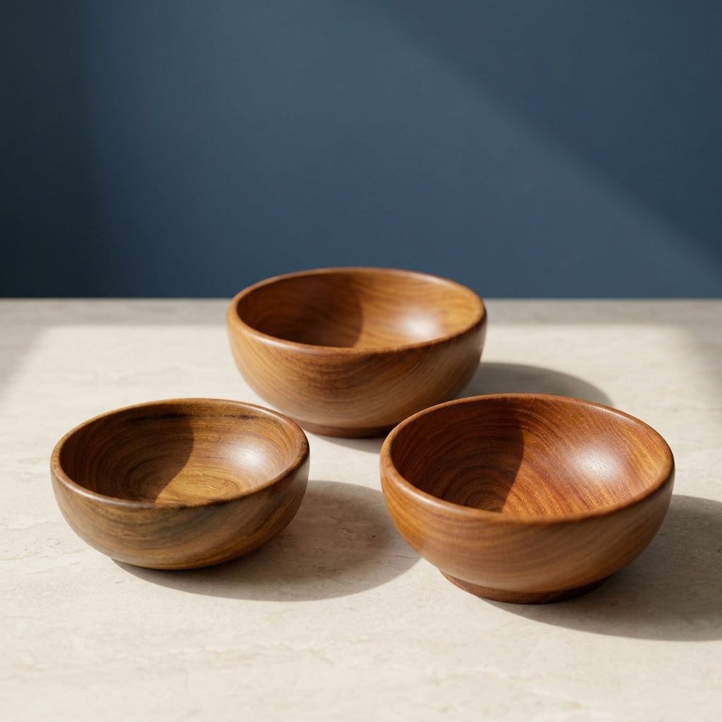 Handmade Wooden Nesting Bowl Set – Acacia Wood Serving Bowls for Salad, Soup & Snacks