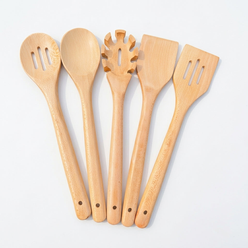 Wooden Spoon Set 5 Pcs | Lakri Ke Chamche | Kitchen Utensils Set (Eucalyptus Wood)