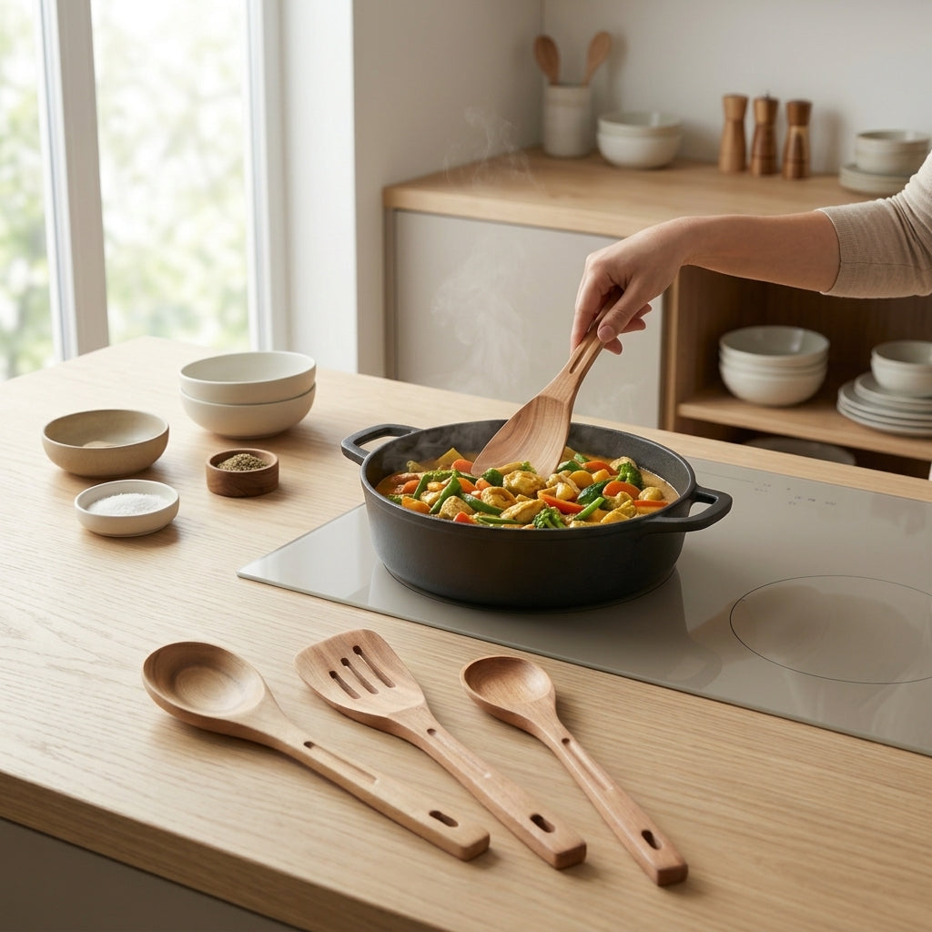 4Pcs Wooden Kitchen Utensil Set – Natural Wood Spoons & Slotted Spatula for Non-Stick Cookware