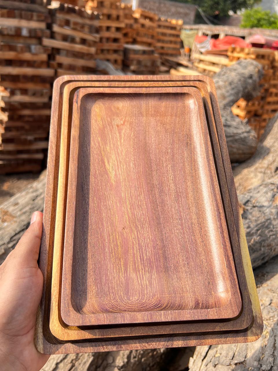 Rectangular Wooden Serving Tray Set