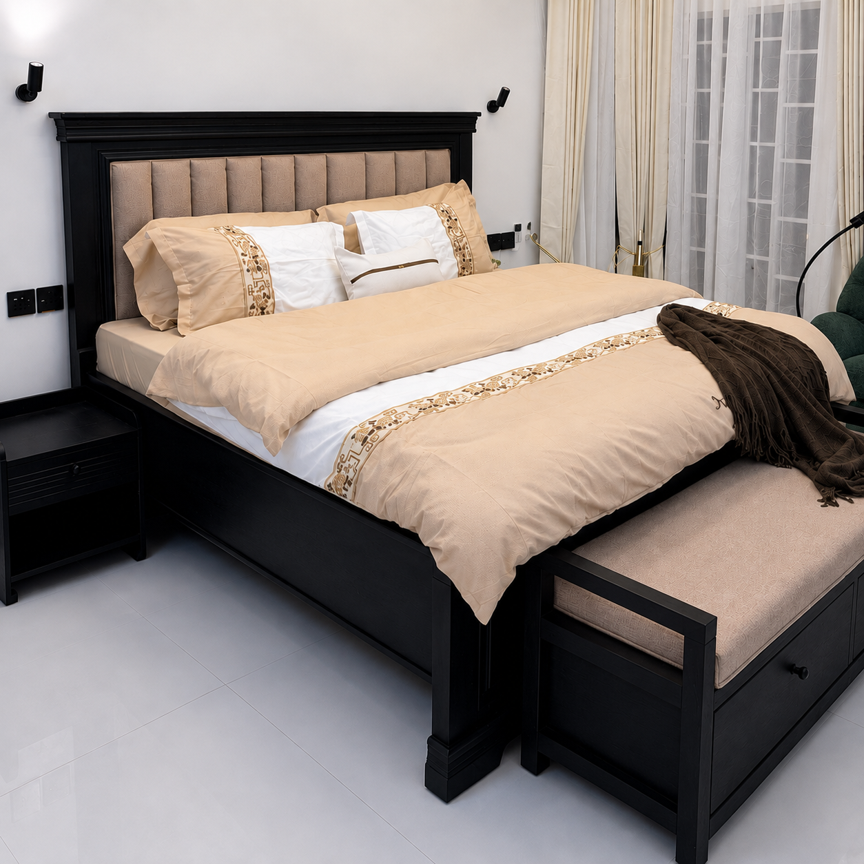 Regal Black Wood Bed with Upholstered Panel Headboard