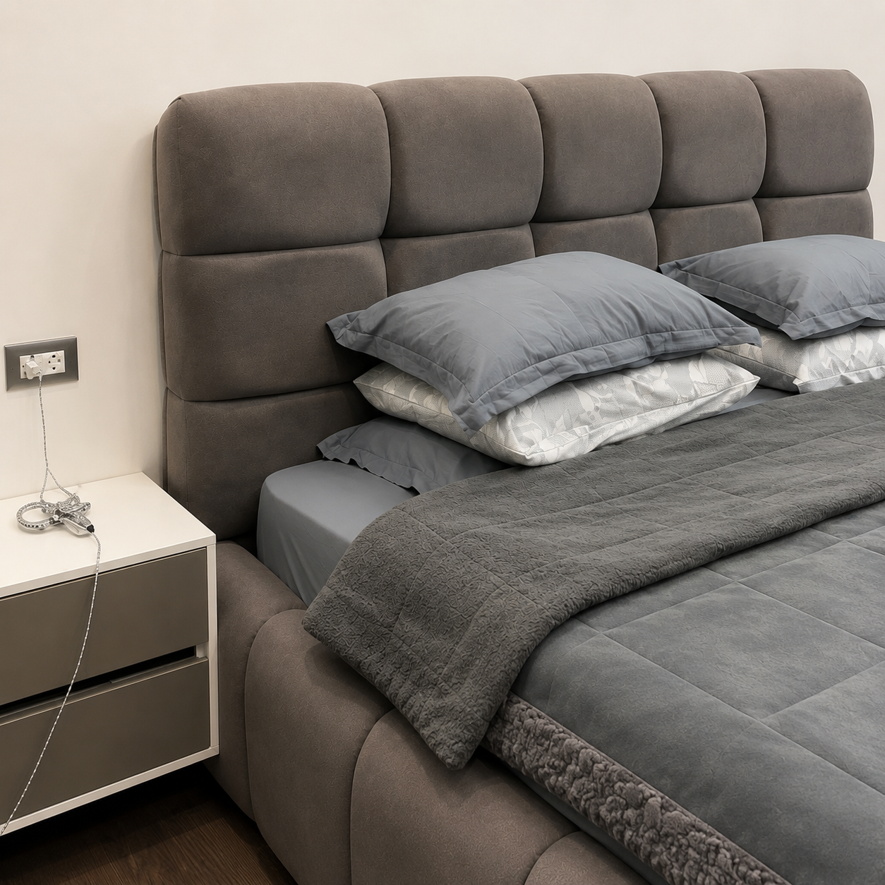 Grey Upholstered Bed with Storage Drawer