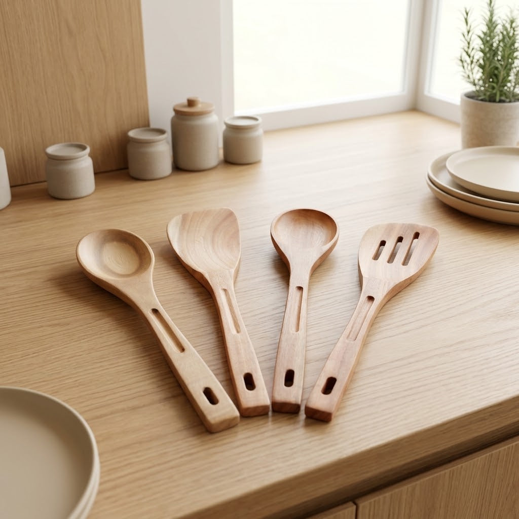 4Pcs Wooden Kitchen Utensil Set – Natural Wood Spoons & Slotted Spatula for Non-Stick Cookware