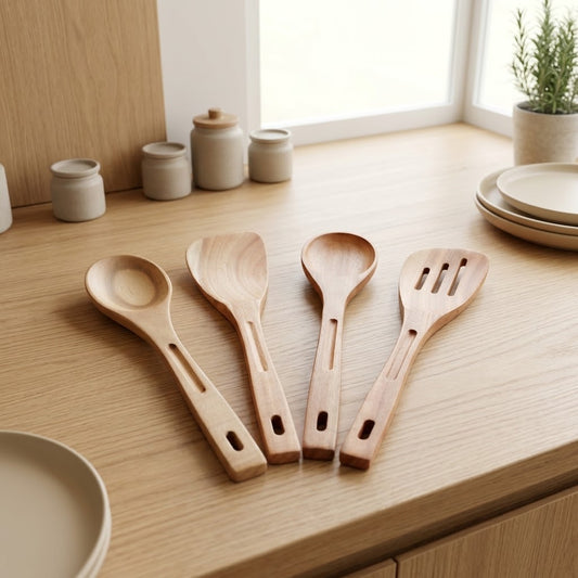 4Pcs Wooden Kitchen Utensil Set – Natural Wood Spoons & Slotted Spatula for Non-Stick Cookware
