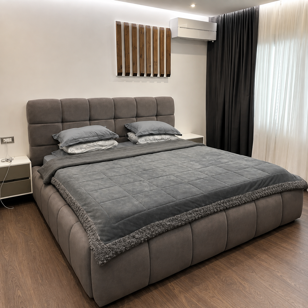 Grey Upholstered Bed with Storage Drawer