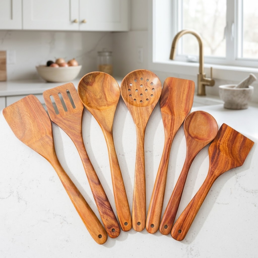 Rose Wood Spoon Set with Holder | 7 Pcs |