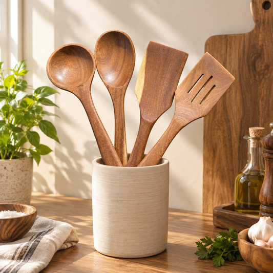 4Pcs Handmade Wooden Kitchen Utensil Set – Acacia Wood Spoons & Spatulas for Non-Stick Cookware