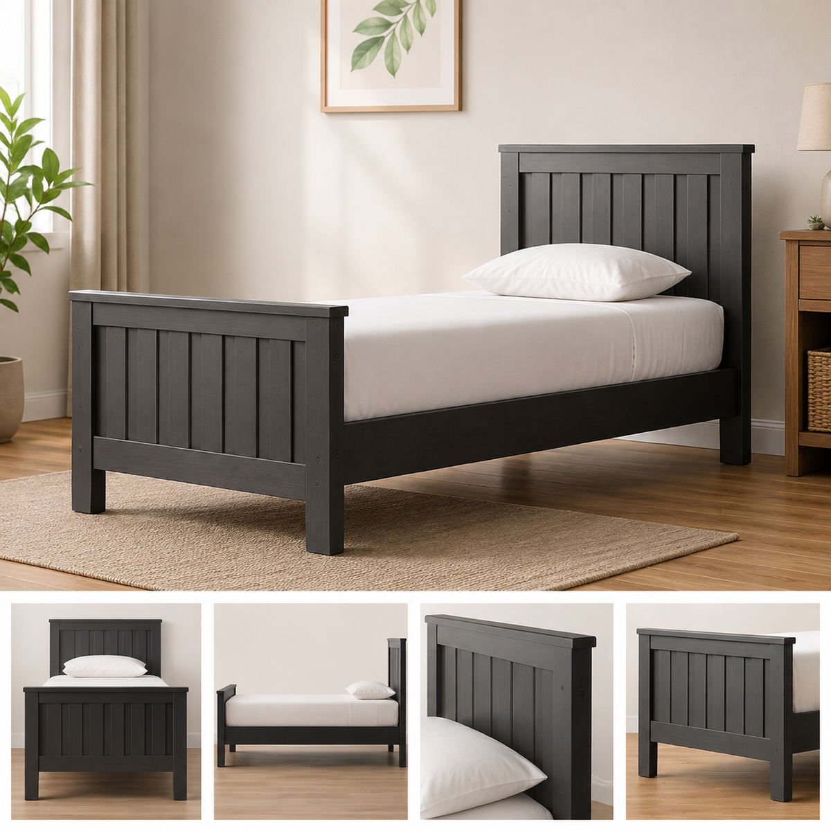 Charcoal Wood Slatted Bed Frame