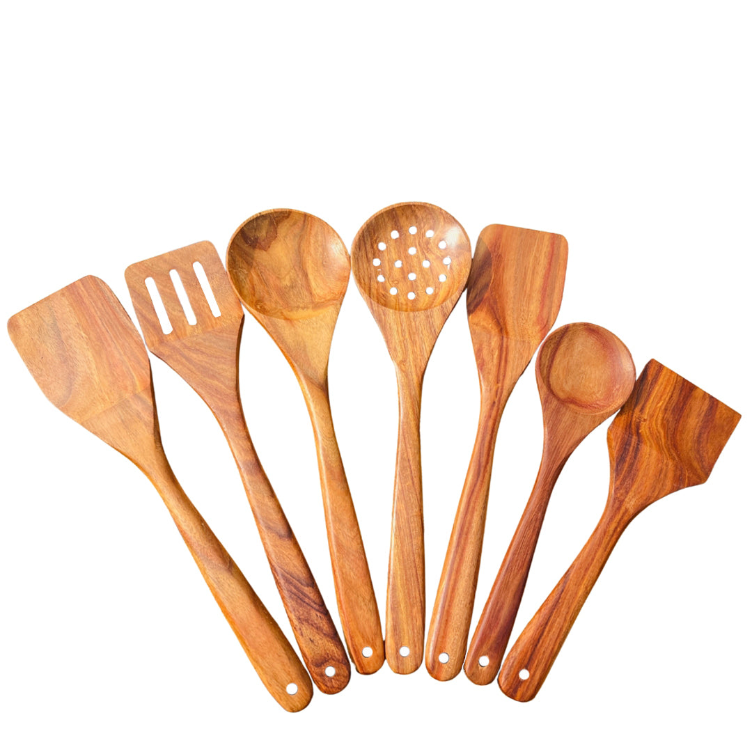 Rose Wood Spoon Set with Holder | 7 Pcs |